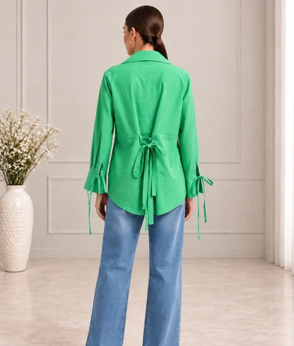 Green Embroidered Tie Knote Linen Shirt - Label Green Embroidered Tie Knote Linen Shirt