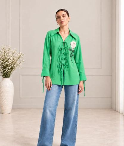 Green Embroidered Tie Knote Linen Shirt - Label Green Embroidered Tie Knote Linen Shirt
