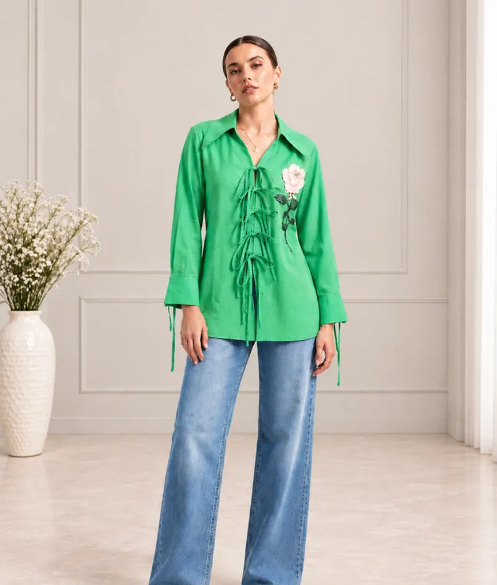 Label Green Embroidered Tie Knote Linen Shirt