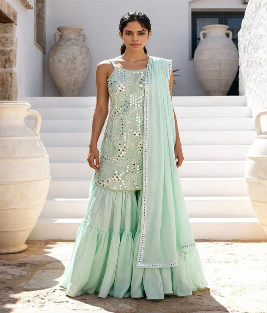 Label Green Mirror Embroidered Kurti Sharara