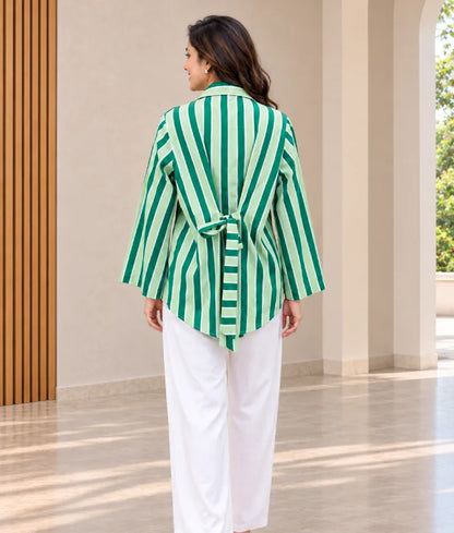 Green Stripe Printed Tie Knote Shirt - Label Green Stripe Printed Tie Knote Shirt