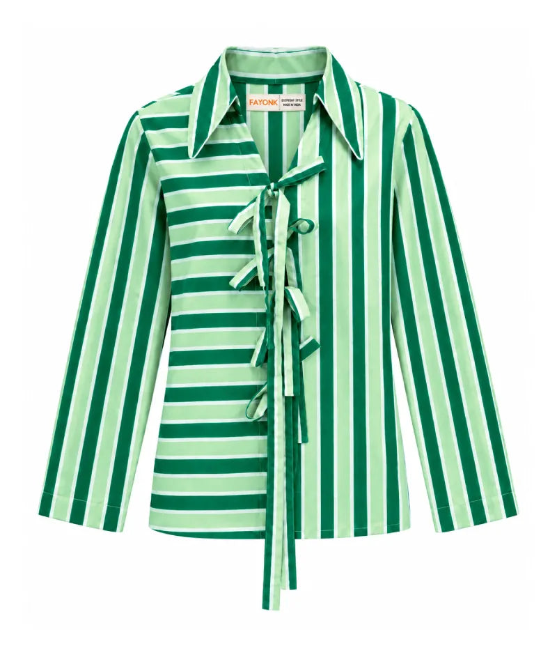 Label Green Stripe Printed Tie Knote Shirt