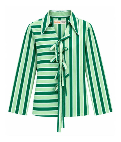 Green Stripe Printed Tie Knote Shirt - Label Green Stripe Printed Tie Knote Shirt