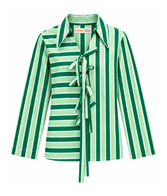 Green Stripe Printed Tie Knote Shirt - Label Green Stripe Printed Tie Knote Shirt