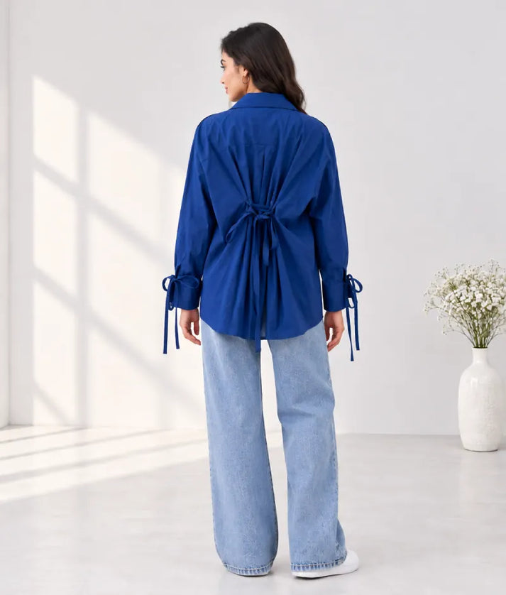 Label Navy Blue Embroidered Tie Knote Linen Shirt