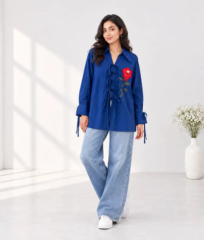 Navy Blue Embroidered Tie Knote Linen Shirt - Label Navy Blue Embroidered Tie Knote Linen Shirt
