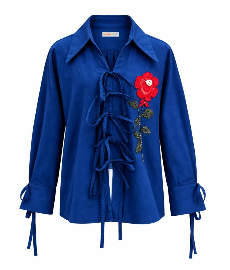Label Navy Blue Embroidered Tie Knote Linen Shirt