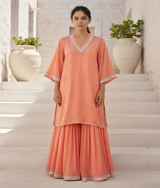 Label Orange Embroidered Kurti Sharara Set