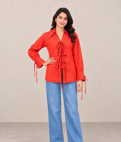 Orange Tie Knote Linen Shirt - Label Orange Tie Knote Linen Shirt