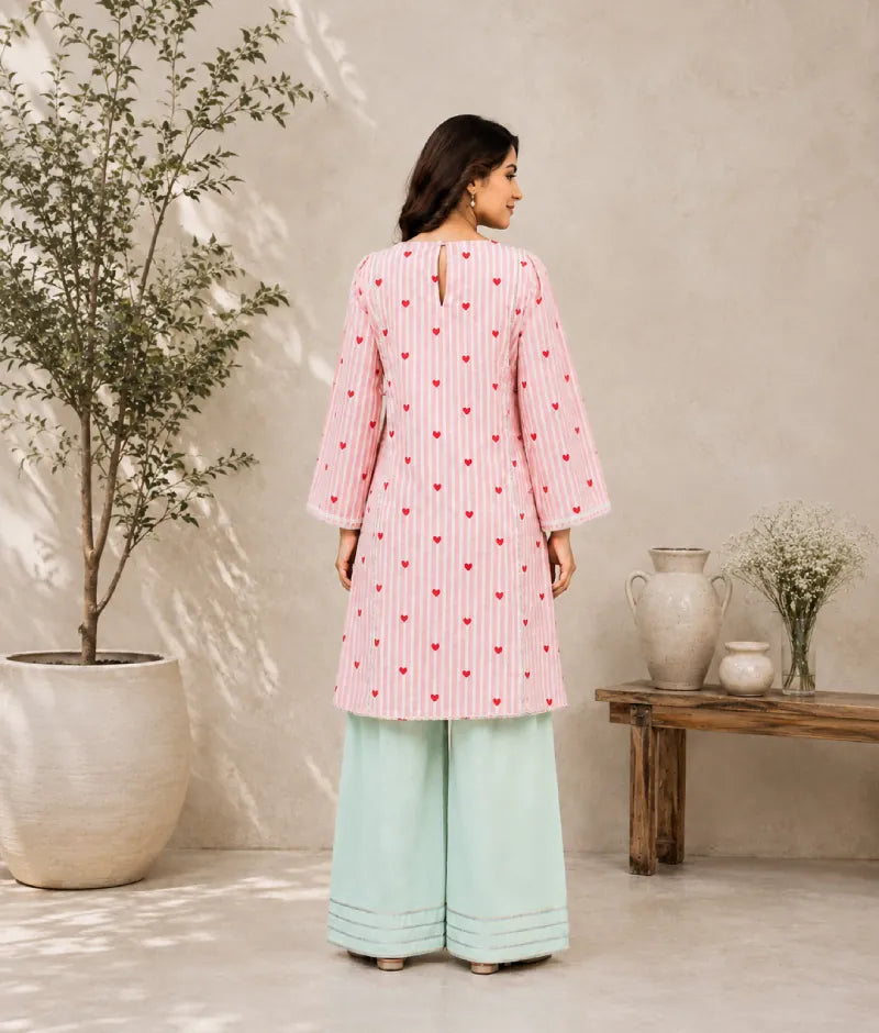 Label Peach Stripe & Heart Printed Kurti with Farshi Salwar