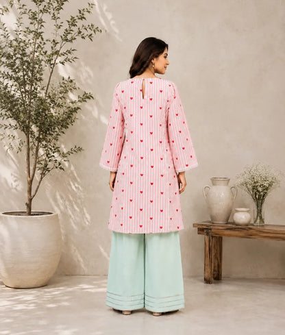 Label Peach Stripe & Heart Printed Kurti with Farshi Salwar