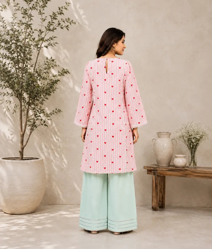 Label Peach Stripe & Heart Printed Kurti with Farshi Salwar