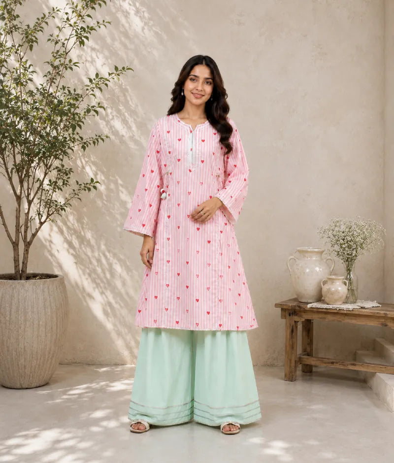 Label Peach Stripe & Heart Printed Kurti with Farshi Salwar