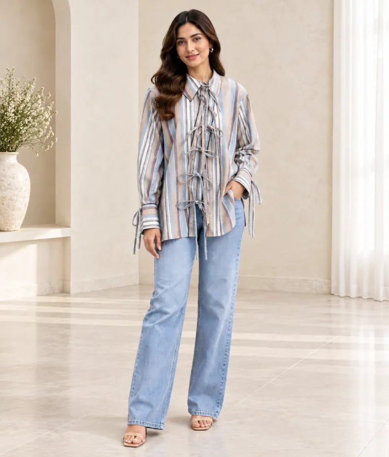 Label Stripe Printed Tie Knote Linen Shirt
