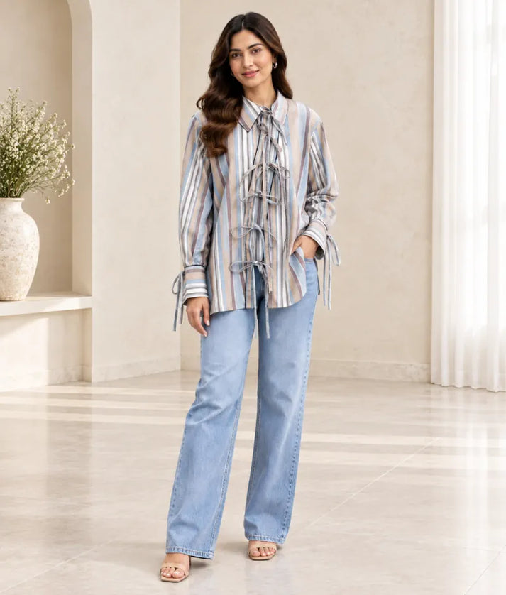 Label Stripe Printed Tie Knote Linen Shirt