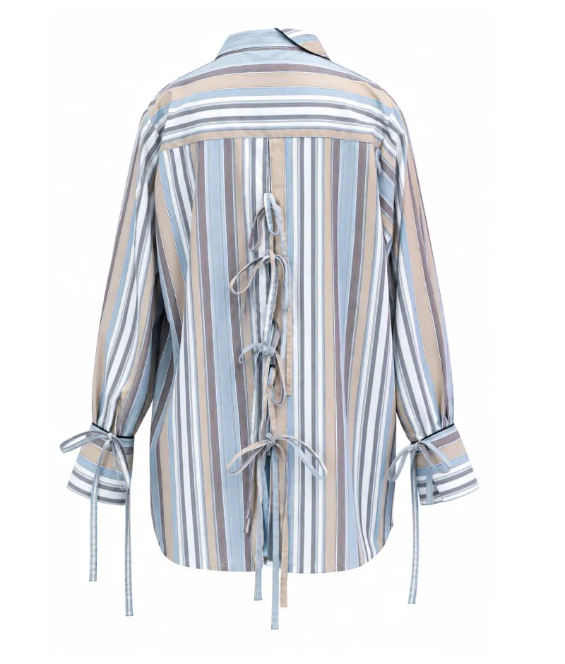 Label Stripe Printed Tie Knote Linen Shirt