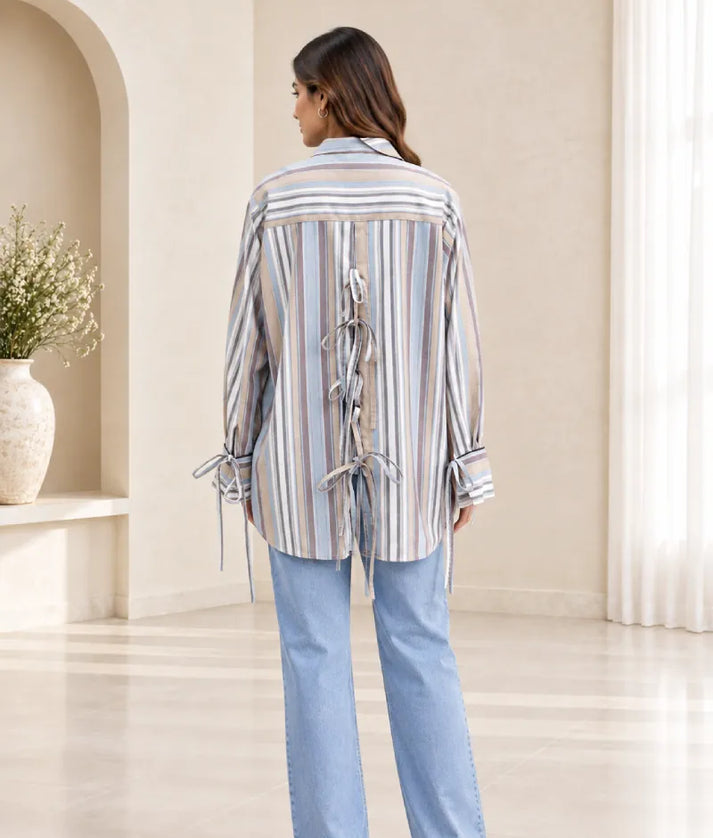 Label Stripe Printed Tie Knote Linen Shirt