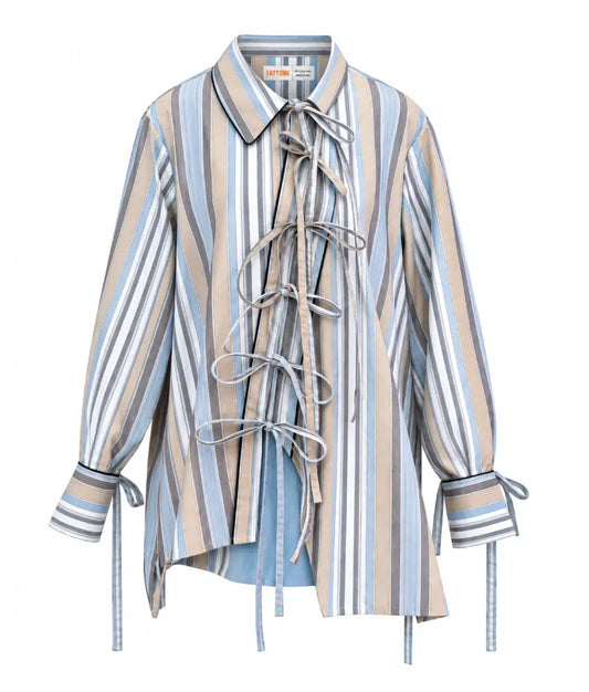 Stripe Printed Tie Knote Linen Shirt - Label Stripe Printed Tie Knote Linen Shirt