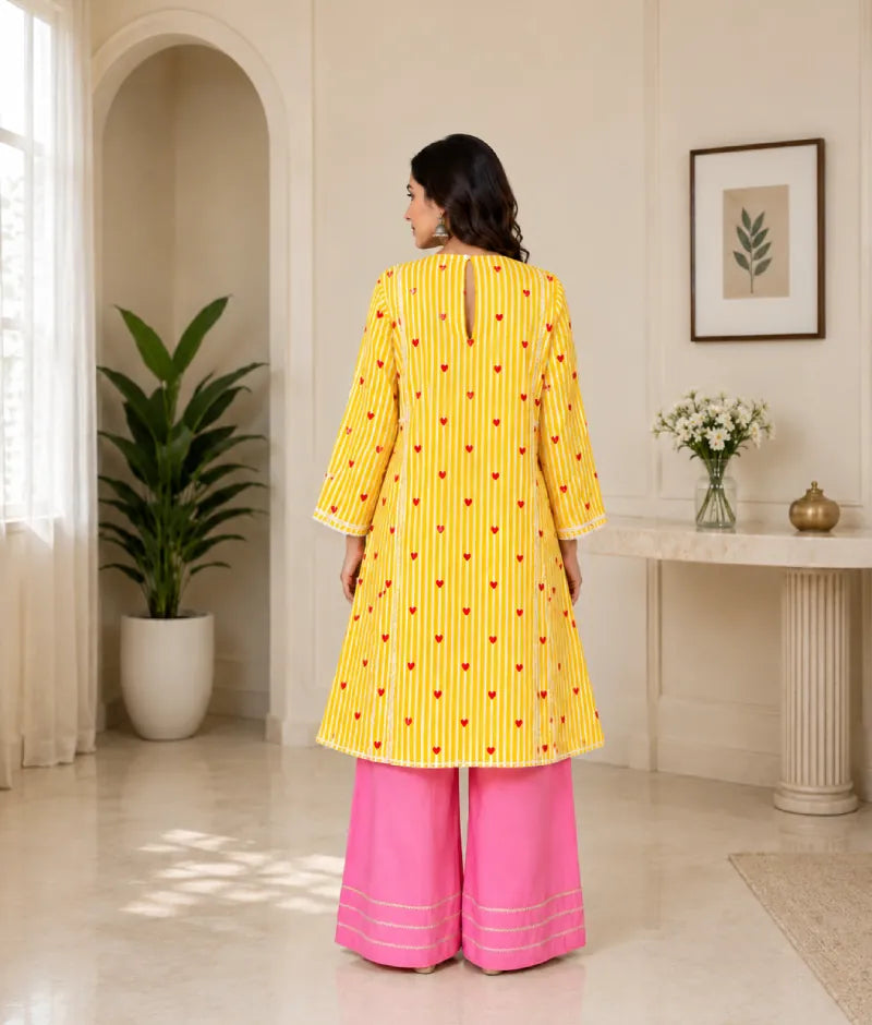 Label Yellow Stripe & Heart Printed Kurti with Farshi Salwar
