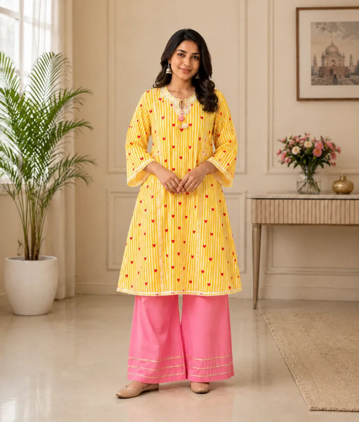 Label Yellow Stripe & Heart Printed Kurti with Farshi Salwar