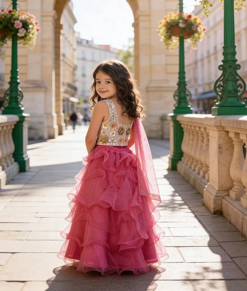 Luxe 3D Flowers Choli and Pink Organza Layers Lehenga for Girls