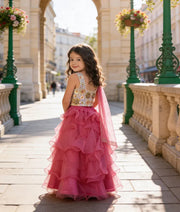 Luxe 3D Flowers Choli and Pink Organza Layers Lehenga for Girls