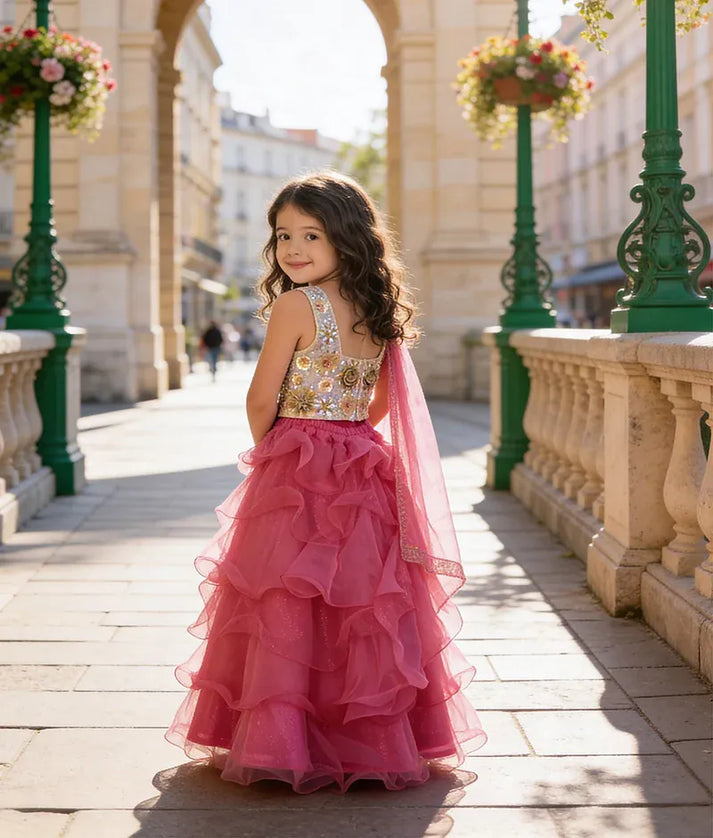 Luxe 3D Flowers Choli and Pink Organza Layers Lehenga for Girls