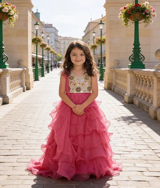 Luxe 3D Flowers Choli and Pink Organza Layers Lehenga for Girls