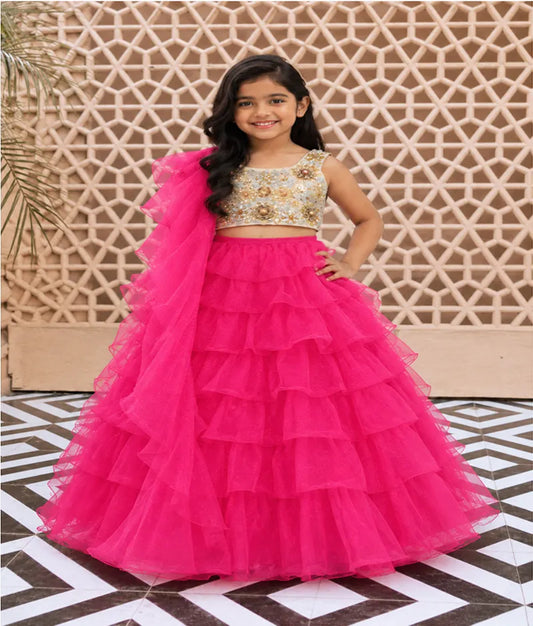 Luxe 3D Flowers Choli and Pink Organza Layers Lehenga for Girls