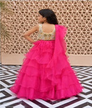 Luxe 3D Flowers Choli and Pink Organza Layers Lehenga for Girls