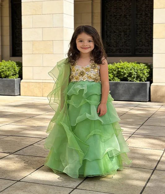 Luxe 3D Flowers Choli with Green Organza Lehenga for Girls