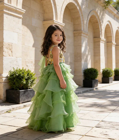 Luxe 3D Flowers Choli with Green Organza Lehenga for Girls