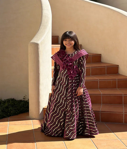Luxe 3D Wine Embroidered Gown for Girls