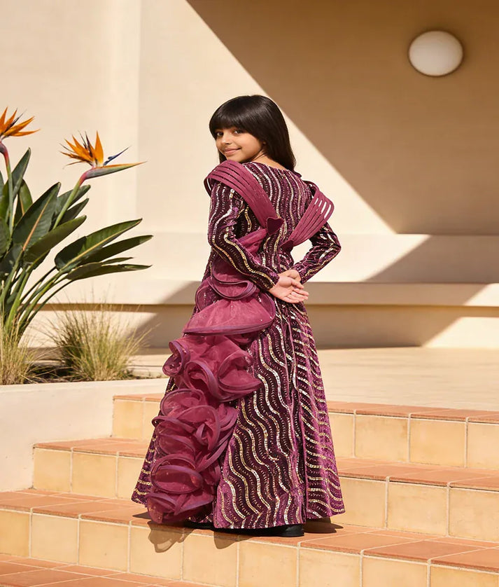 Luxe 3D Wine Embroidered Gown for Girls