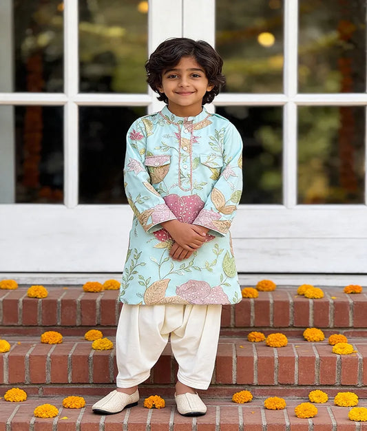 Luxe Aqua Embroidery Kurta with Off White Salwar for Boys
