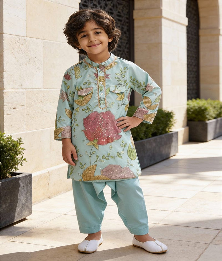 Luxe Aqua Embroidery Kurta with Salwar for Boys
