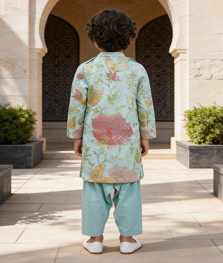 Luxe Aqua Embroidery Kurta with Salwar for Boys