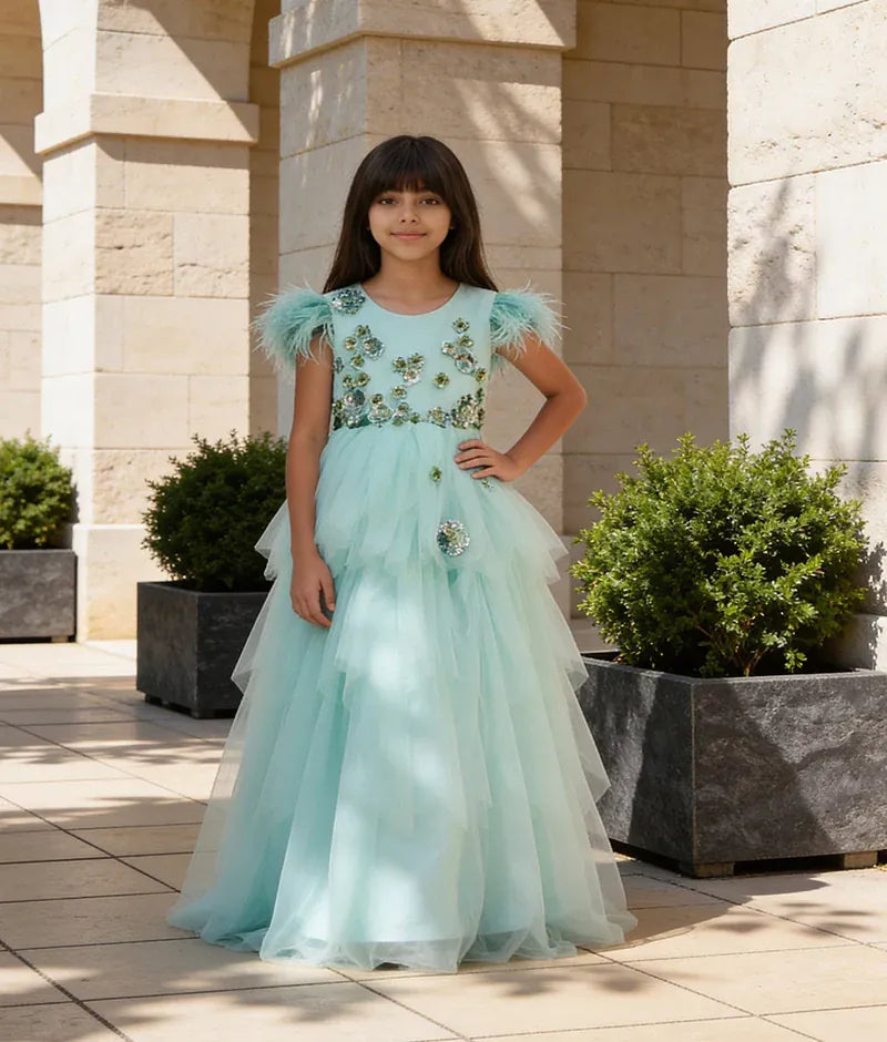 Luxe Aqua Green Net Gown for Girls