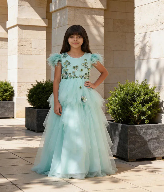 Luxe Aqua Green Net Gown for Girls