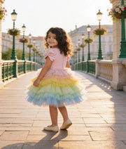 Luxe Baby Pink Quilted Lycra Frock with Multi Colours Net Frills for Girls