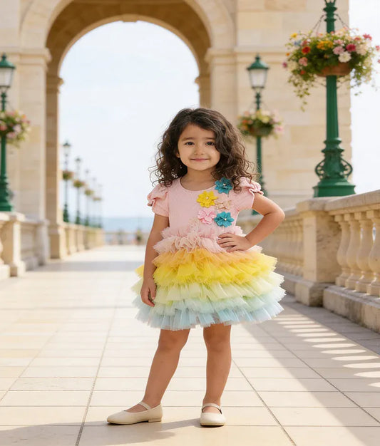 Luxe Baby Pink Quilted Lycra Frock with Multi Colours Net Frills for Girls