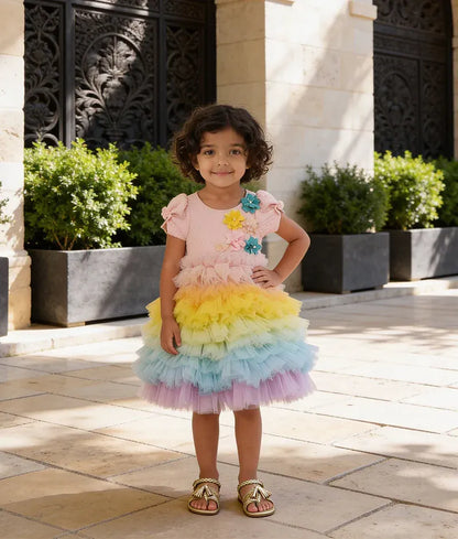 Luxe Baby Pink Quilted Lycra Gown with Multi Colours Net Frills for Girls