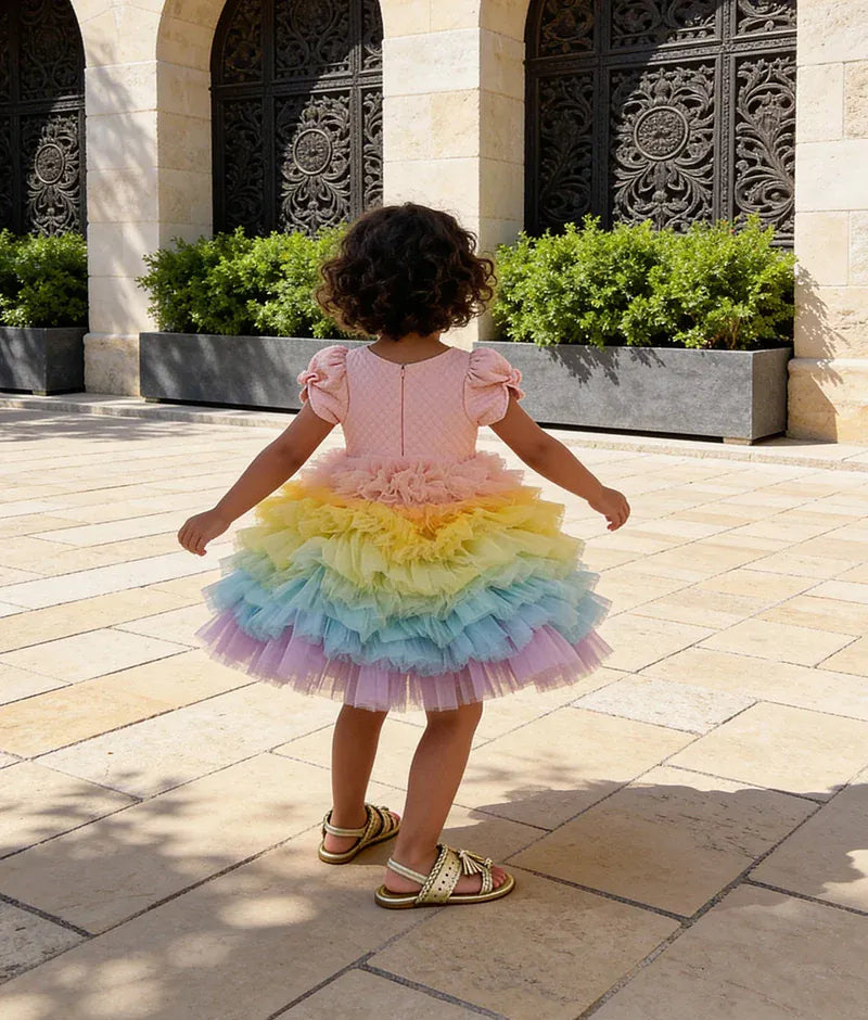 Luxe Baby Pink Quilted Lycra Gown with Multi Colours Net Frills for Girls