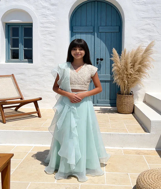 Luxe Beige Embroidery Green Organza Lehenga with Choli Organza Dupatta for Girls