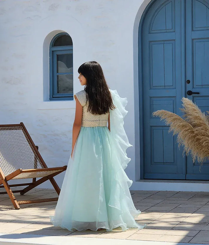 Luxe Beige Embroidery Green Organza Lehenga with Choli Organza Dupatta for Girls