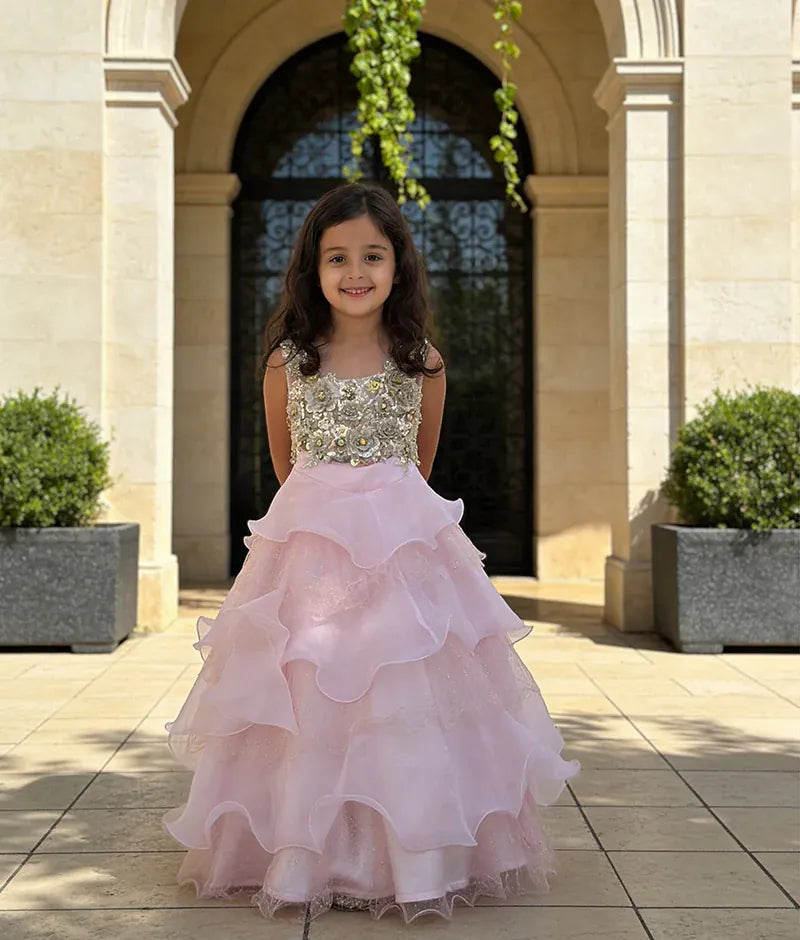 Luxe Beige Pink Organza Lehenga with 3D Flowers Choli Organza Dupatta for Girls