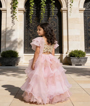 Luxe Beige Pink Organza Lehenga with 3D Flowers Choli Organza Dupatta for Girls