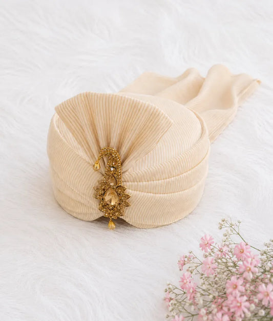 Luxe Beige Stripe Safa with Kalgi and Pearl for Boys