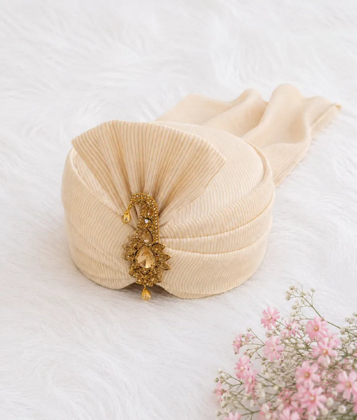 Luxe Beige Stripe Safa with Kalgi and Pearl for Boys