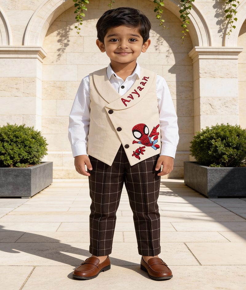 Luxe Beige Waistcoat with Custom Initials & Spidey Vibes!